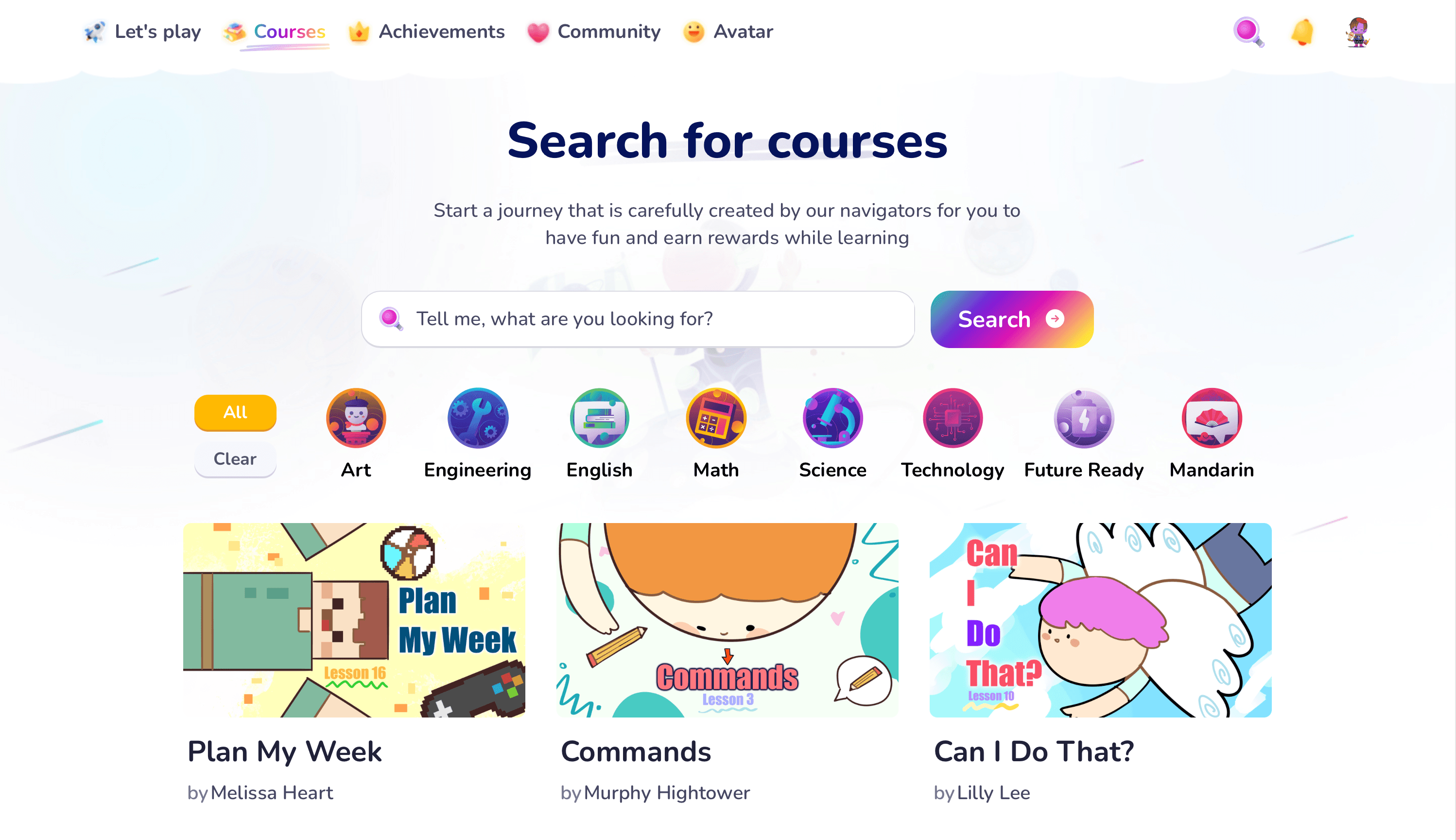 Course selection interface showing various learning paths